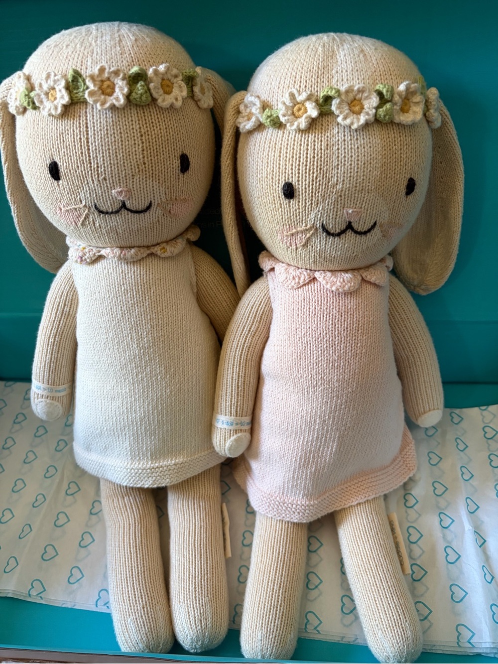 Cuddle + Kind Hand-Knit Bunny Doll in Ivory and Light Pink Dress
